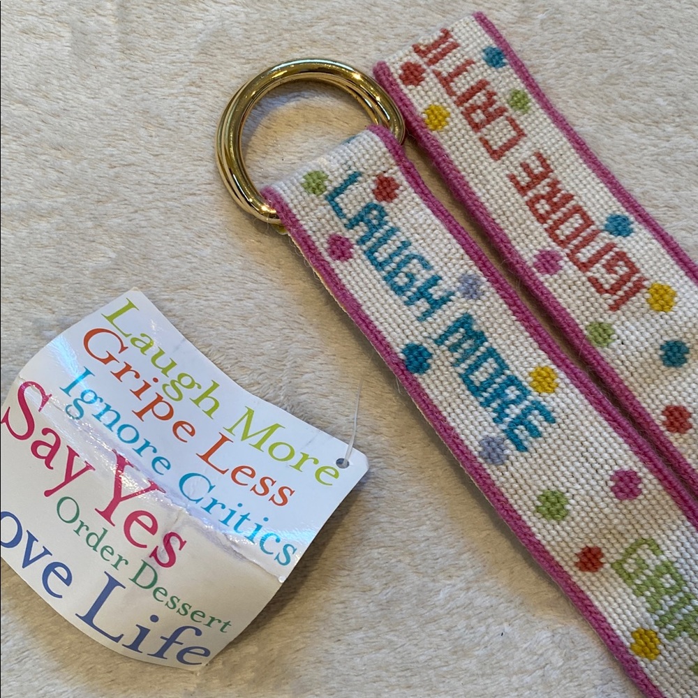 NWT Gretchen Scott needlepoint d-ring inspirational quotes belt Sz S